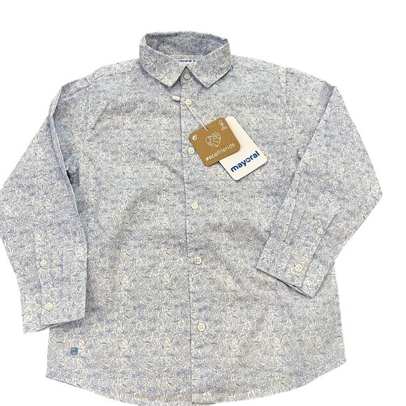 Mayoral Ecofriends Boys Long Sleeve Floral Button-Up Shirt Size 4 100% Cotton NW - Picture 1 of 4